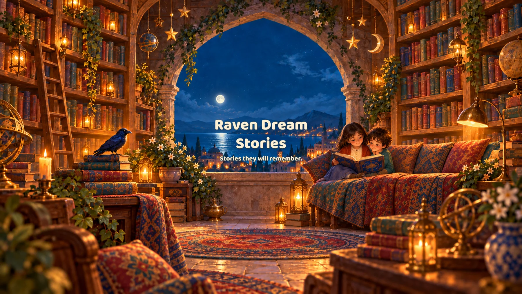 The Enchanted Library, a warm reading room looking out onto a moonlit lake.